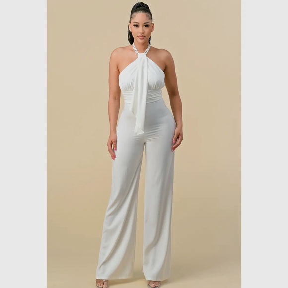 Halterneck Ribbon Detail Chain Trim Jumpsuit - Picture 3 of 6